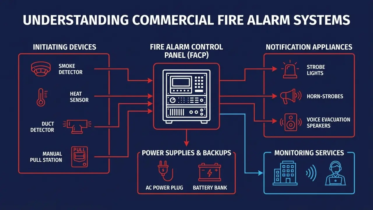 Infographic titled "Understanding Commercial Fire Alarm Systems" illustrating how initiating devices, power supplies, notification appliances, and monitoring services connect to a central Fire Alarm Control Panel (FACP).