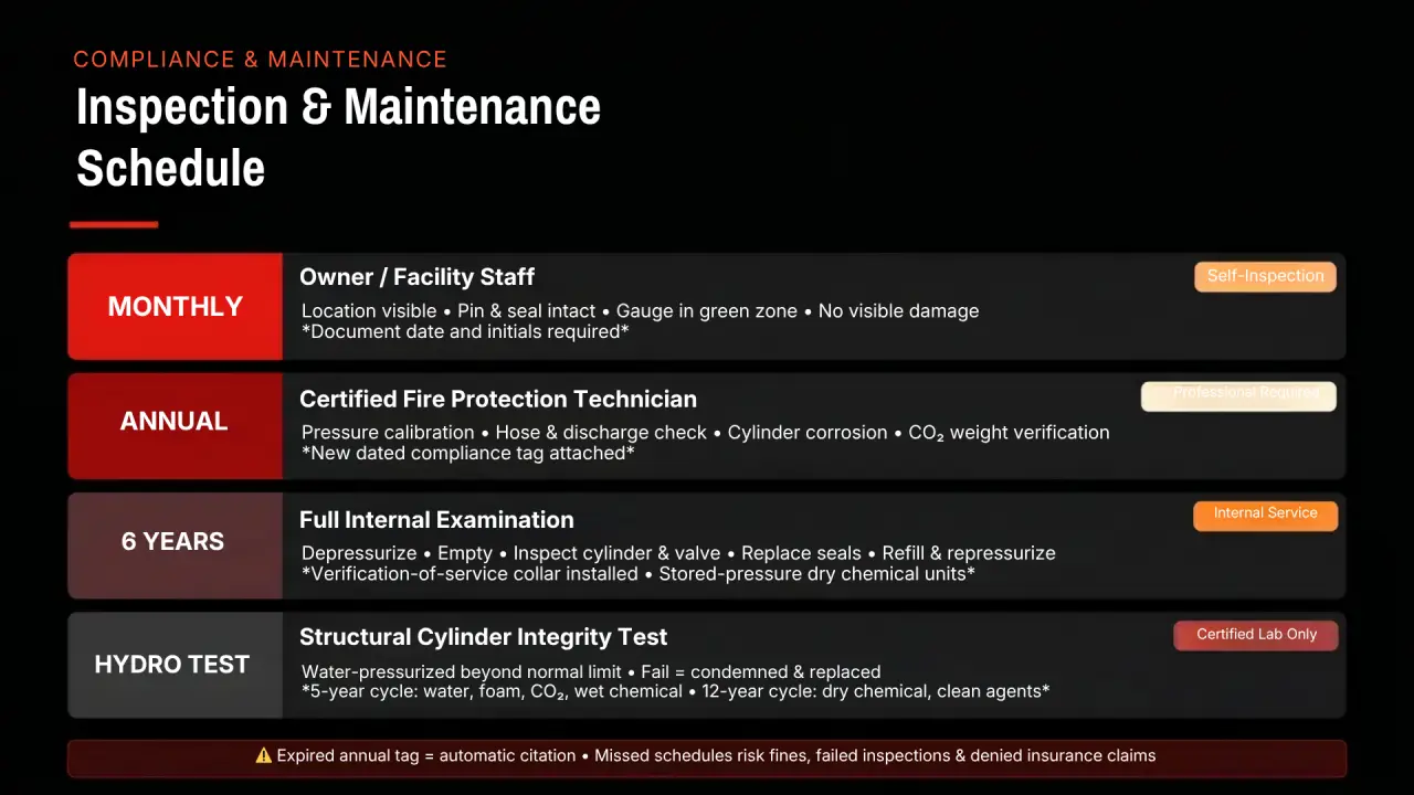 A clear, data-driven compliance infographic titled "Inspection & Maintenance Schedule" under "Compliance & Maintenance."