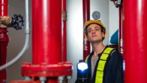Fire sprinkler technician inspecting commercial sprinkler piping system