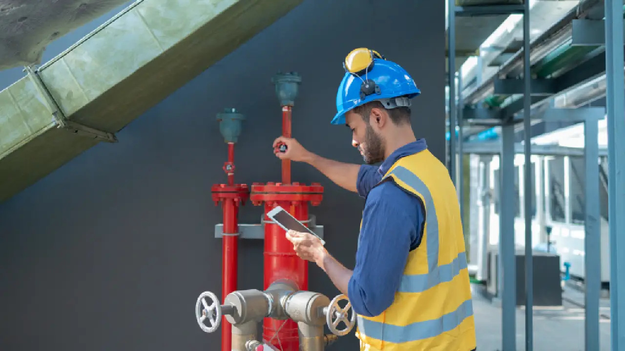 Two safety engineers checking a red compliance label on a commercial fire suppression cylinder system.