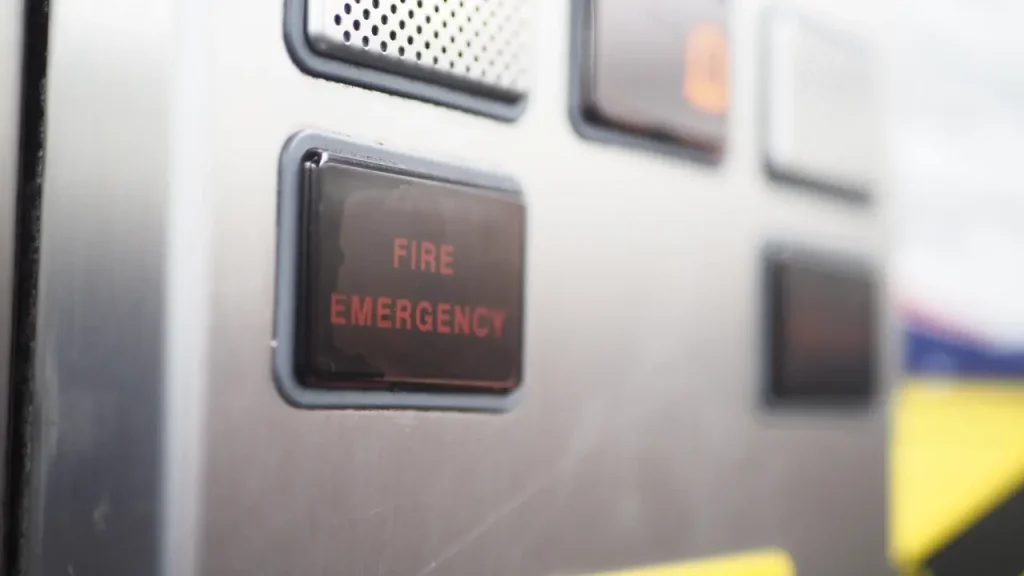 Close-up of a fire alarm system button used for emergency activation