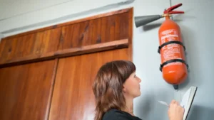 inspecting a red fire extinguisher in a commercial building