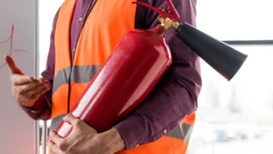 bPerson holding a fire extinguisher responsible for office fire safety requirements in Texas