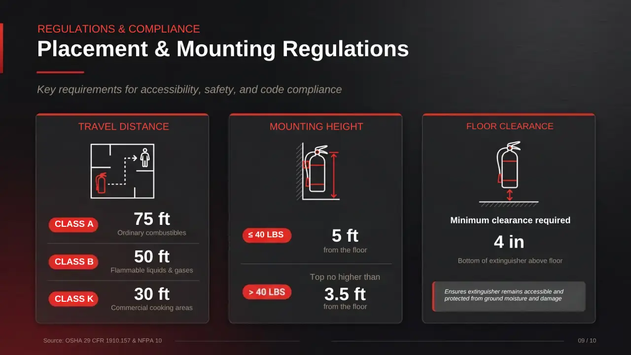 Infographic outlining NFPA 10 and OSHA placement and mounting regulations for fire extinguishers, detailing travel distances, mounting heights based on weight, and floor clearance.