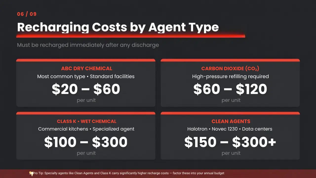 Pricing infographic displaying fire extinguisher recharging costs across four agent types: ABC Dry Chemical ($20-$60), Carbon Dioxide ($60-$120), Class K Wet Chemical ($100-$300), and Clean Agents ($150-$300+).