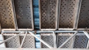 Exposed structural steel requiring passive fire protection in a commercial building