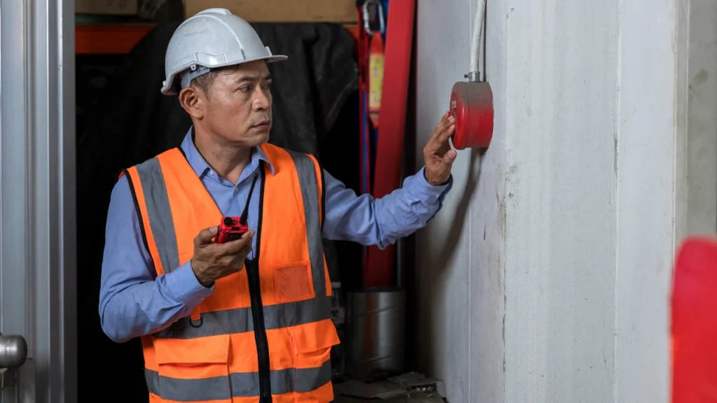 Fire safety inspection in progress, showing an inspector checking fire extinguisher and safety equipment
