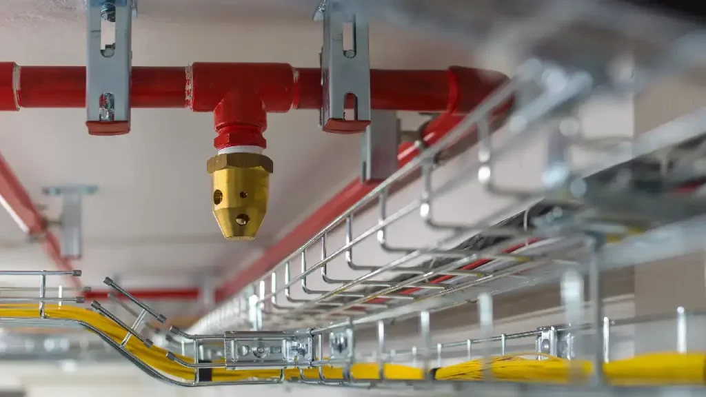 Ceiling-mounted fire sprinkler system designed for fire safety and emergency protection