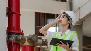 Technician inspecting a fire sprinkler system in a commercial building