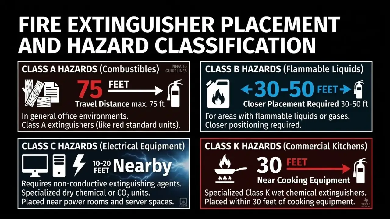Infographic displaying fire extinguisher placement distance guidelines for Class A (75 ft), Class B (30-50 ft), Class C (10-20 ft nearby), and Class K (30 ft) fire hazards.