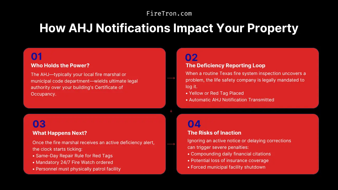 Infographic flowchart titled How AHJ Notifications Impact Your Property showing the step-by-step regulatory reporting process from system deficiency to potential fire watch.