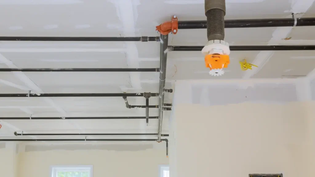 Ceiling equipped with a fire sprinkler system for fire safety and protection