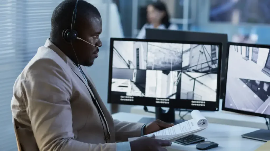Integrated security systems monitoring dashboard displaying real-time surveillance and alerts
