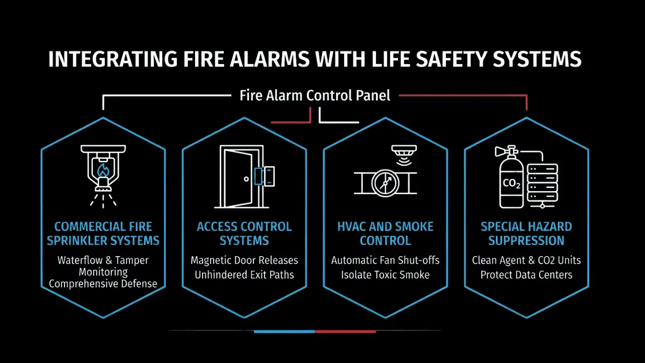 Infographic titled "Integrating Fire Alarms with Life Safety Systems" showing how a central Fire Alarm Control Panel connects four key integrated systems: commercial fire sprinklers, access control, HVAC smoke control, and special hazard suppression.
