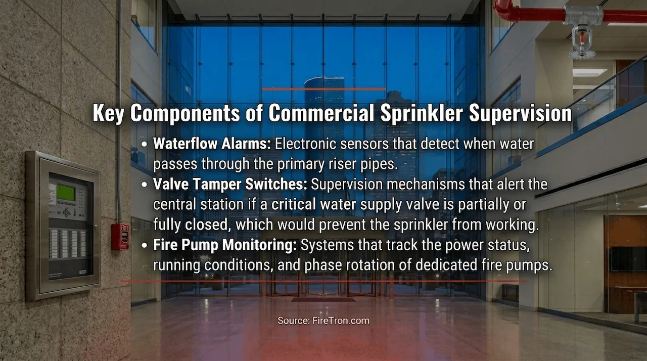 An industrial display panel on a concrete wall explaining waterflow alarms, valve tamper switches, and fire pump monitoring components beneath a red fire sprinkler pipe.