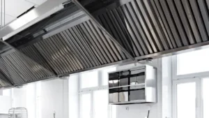 Commercial kitchen hood designed for integration with fire suppression systems in restaurants.