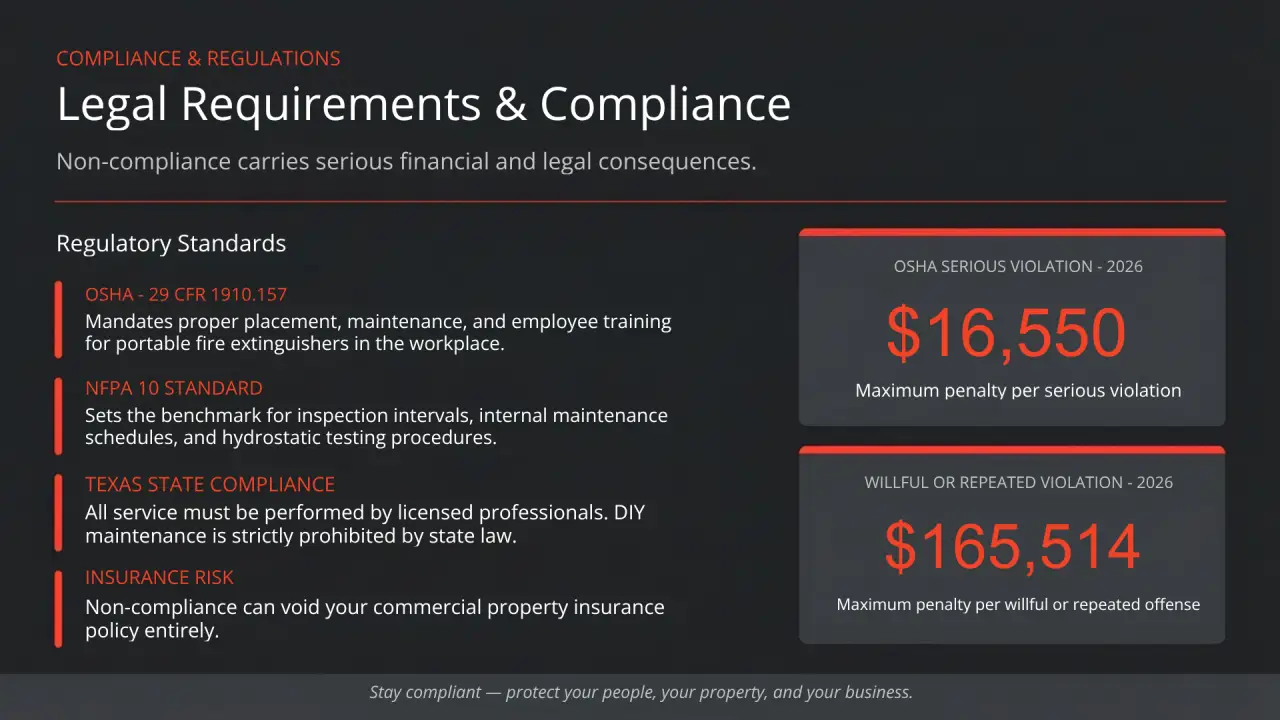 Compliance infographic highlighting 2026 OSHA violation penalties for non-compliant fire extinguishers, showing a maximum $16,550 fine for serious violations and a $165,514 fine for willful or repeated offenses.