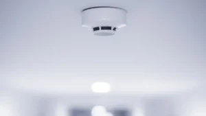 Smoke detector installed on ceiling as part of an active fire alarm system