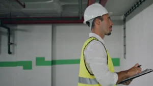 Technician checking a commercial fire alarm control panel in a building