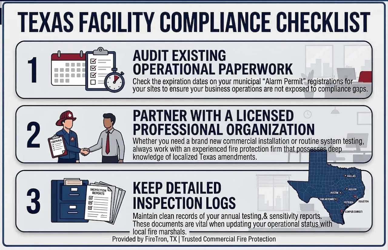 Three-step Texas facility compliance checklist graphic by FireTron covering operational paperwork, licensed partners, and inspection logs.