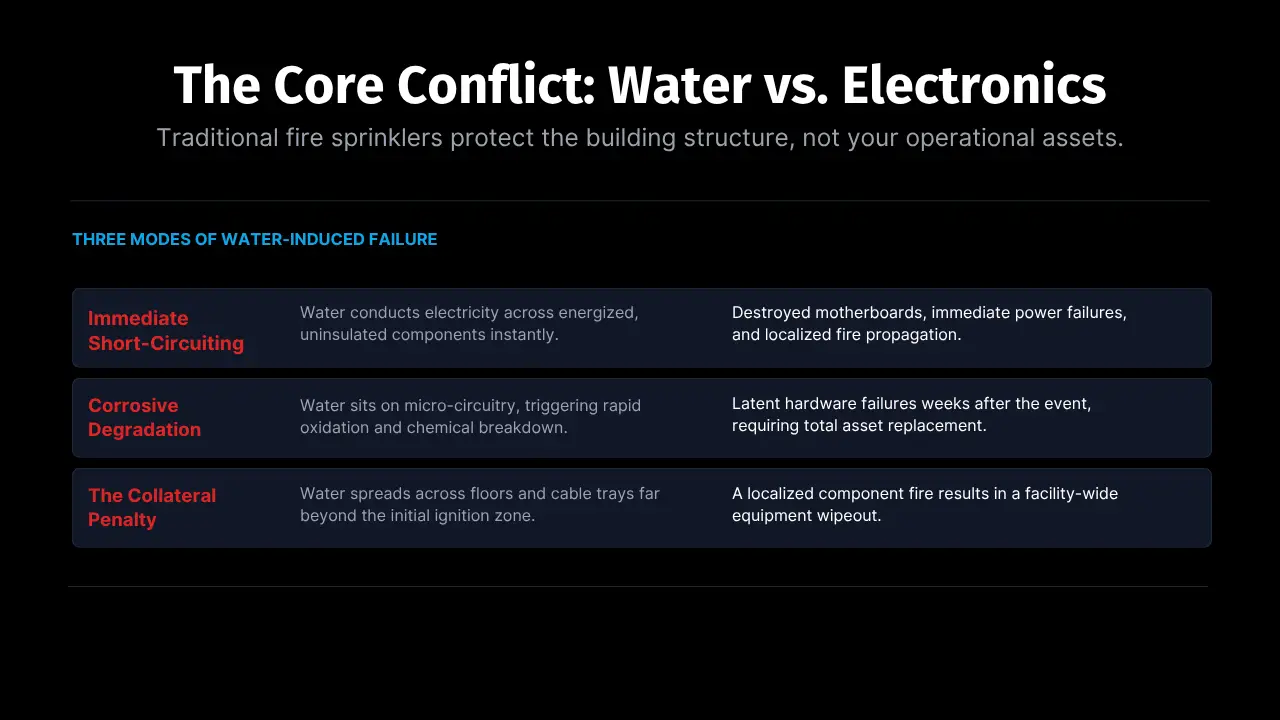 Infographic titled 'The Core Conflict: Water vs. Electronics,' outlining three modes of water-induced failure for operational assets: Immediate Short-Circuiting, Corrosive Degradation, and The Collateral Penalty.