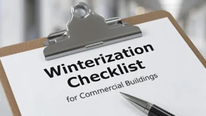 Clipboard with paper titled ‘Winterization Checklist for Commercial Buildings’ and a ballpoint pen on a clean office desk