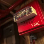 Wall-mounted fire alarm with integrated strobe light, connected to a commercial fire response system for emergency alerts.