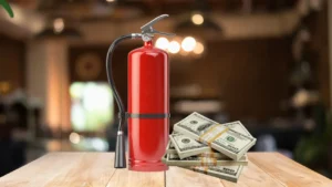 Fire extinguisher next to dollar bills
