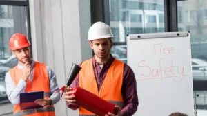 Fire safety compliance inspection in a Texas commercial building, highlighting adherence to 2025 fire safety codes and regulations